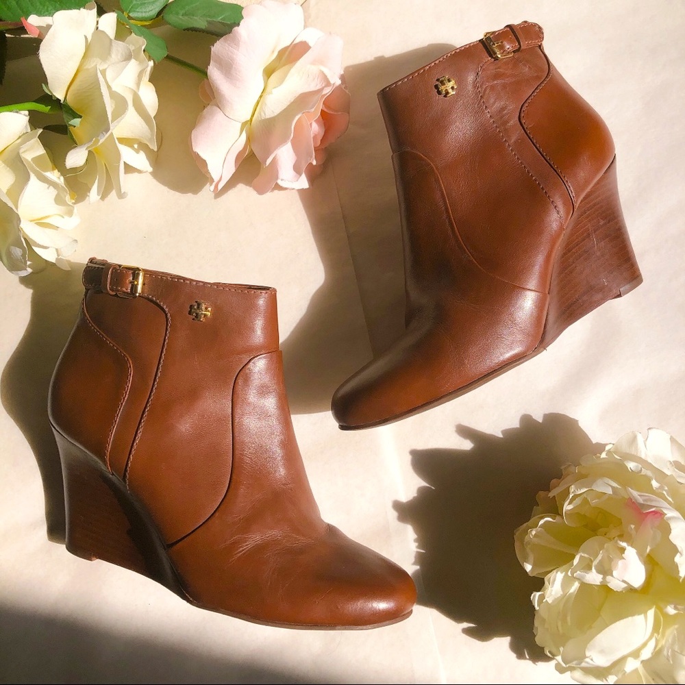 Tory Burch Milan Brown Cognac Ankle Wedge Boots